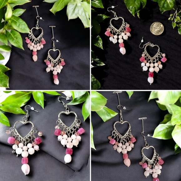 Rose Quartz and Crystals Heart Shaped Silver Toned Chandelier Earrings - Picture 17 of 17